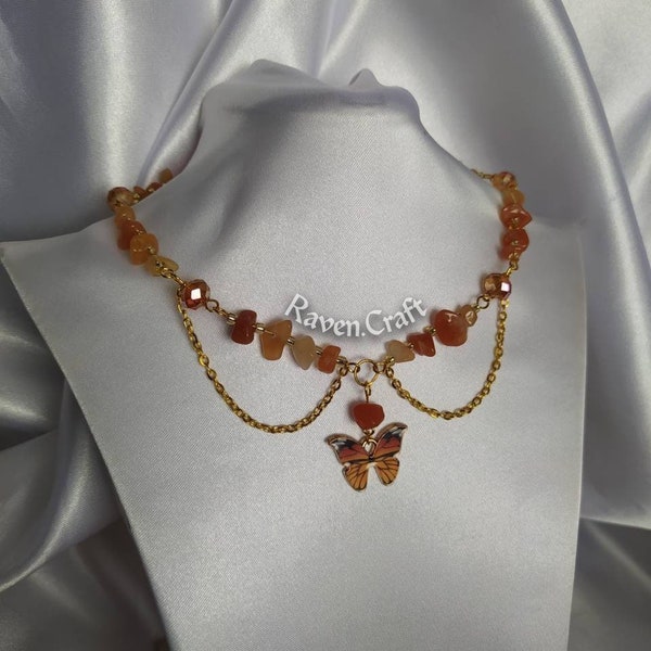 Orange Carnelian Necklace, Ethereal Butterfly Jewelry, Minimalist gold Choker.