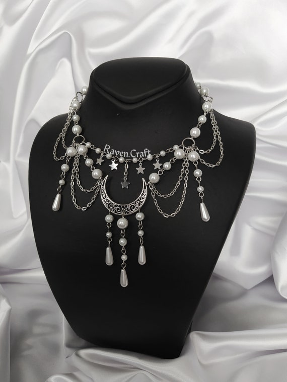 Silver moon necklace, star drop crescent jewelry. Pearl dangle celestial choker.