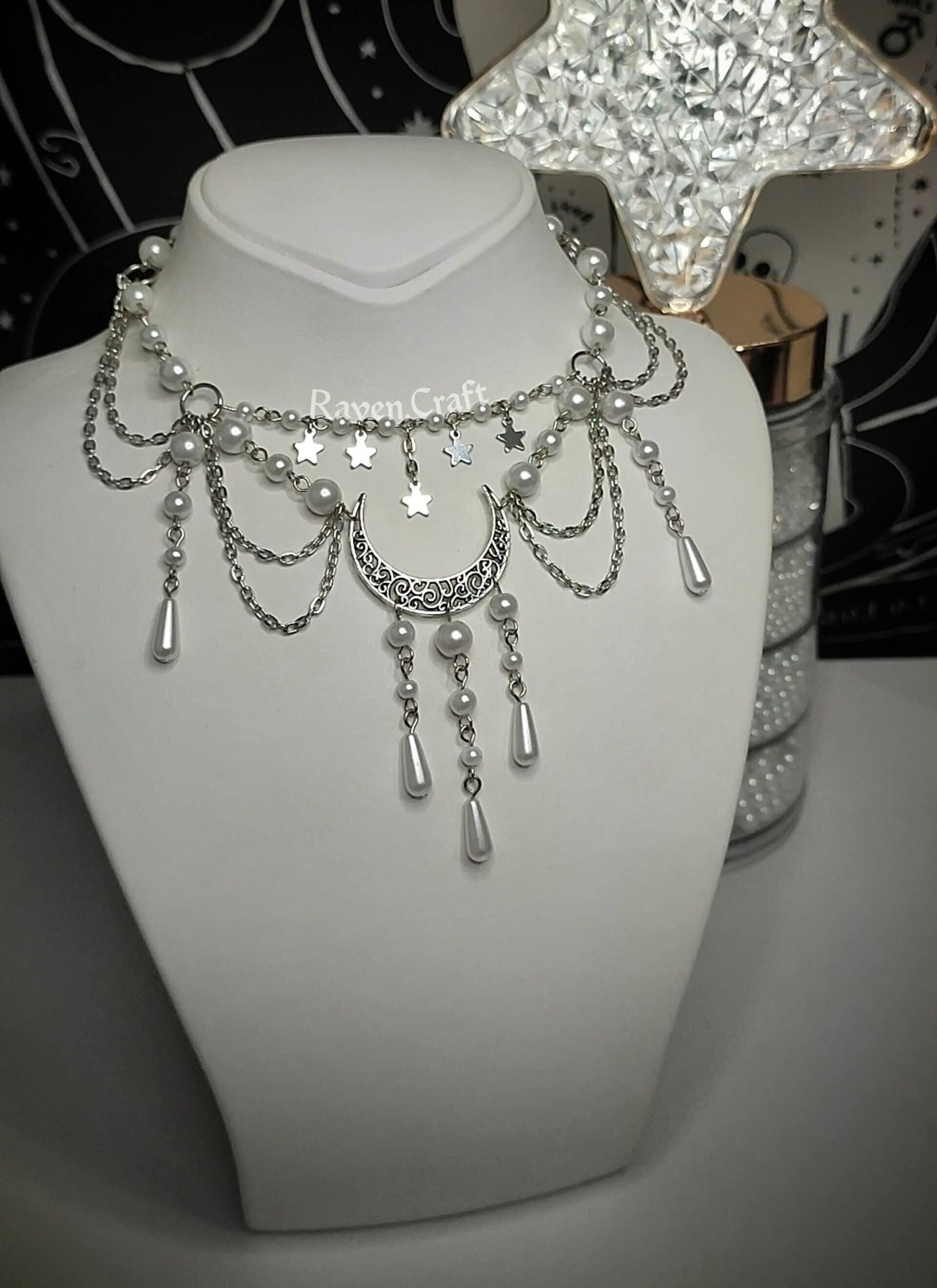 Silver Moon & Star Pearl Choker: Celestial Bridal Necklace