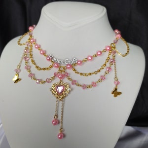 Gold Heart Pink Necklace, Pearl Beaded Fairy Jewelry,