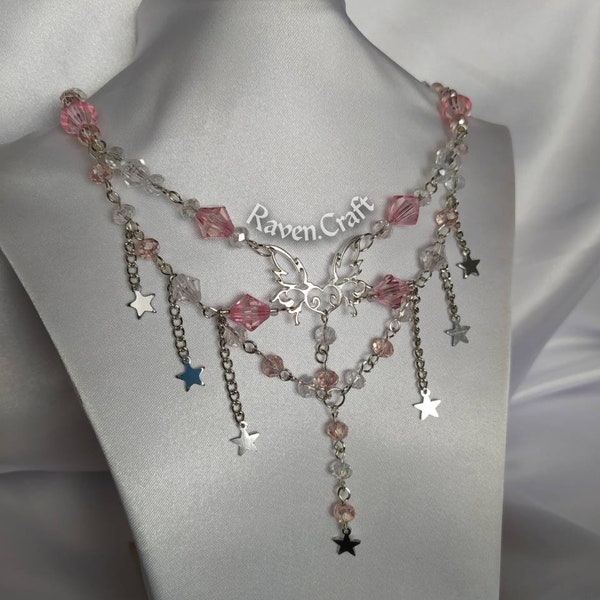 Bijoux de fée. Collier papillon. Bijoux roses. Collier superposé. Collier ras de cou. Coquette. Collier princesse. Dolette