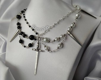 Zwart-witte zwaardketting met spikes, y2k goth grunge choker, grillige handgemaakte sieraden.