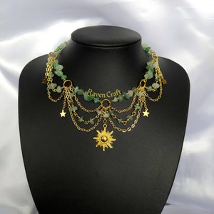 Boho Layered Necklace, Green Gold Crystal Fairy Jewelry, Handmade gift.