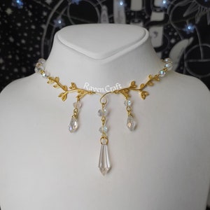 Gold Leaf Choker: Crystal Beaded Elven Necklace, Fairy Grunge Jewelry