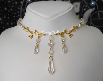 Gold Leaf Choker: Crystal Beaded Elven Necklace, Fairy Grunge Jewelry