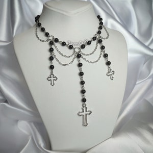 Cross Necklace, Rosary Choker, Crucifix Gothic Y Necklace, Witch Jewelry, Whimsigoth Grunge Punk Style.