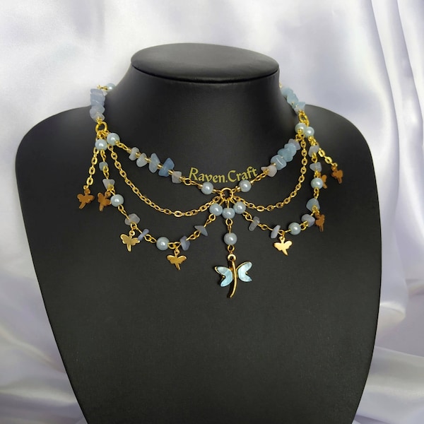 Dragonfly Necklace, Blue Aquamarine Crystal Jewelry, Gold layered choker.