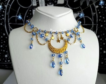 Himmelskt halsband med måne och stjärnor, guldfärgat halvmånehänge choker med blå kristallpärlor.