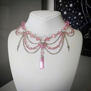 Pink Necklace, Fairycore Aesthetic Jewelry, Layered Crystal Choker, Special Handmade Design.