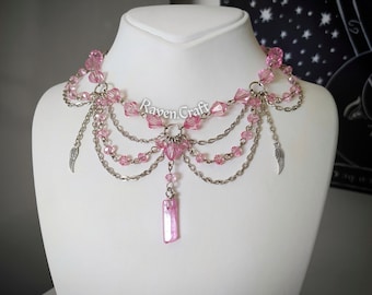 Pink Necklace, Fairycore Aesthetic Jewelry, Layered Crystal Choker, Special Handmade Design.