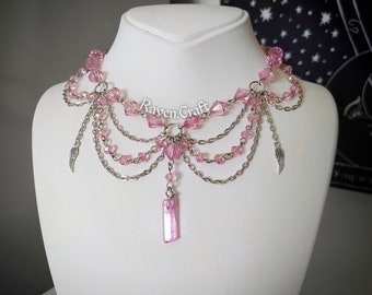 Pink Crystal Choker: Fairycore Beaded Necklace with Angel Wings
