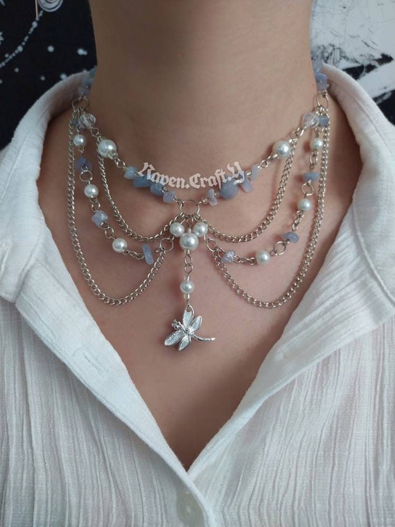 Alternative Fantasy Necklace Fairy Grunge Jewelry Unique Aesthetic Choker Crystal and Pearl Beaded Necklace Etsy