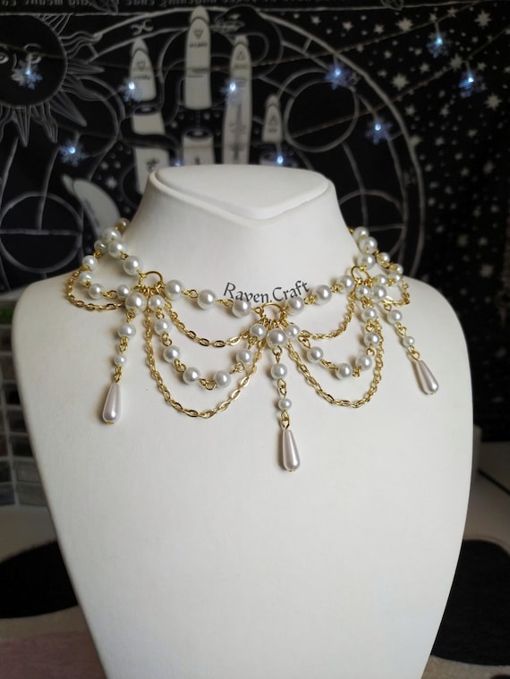 Gold Pearl Necklace, Fairycore Victorian Jewelry, Handmade Bridal Layered Choker.