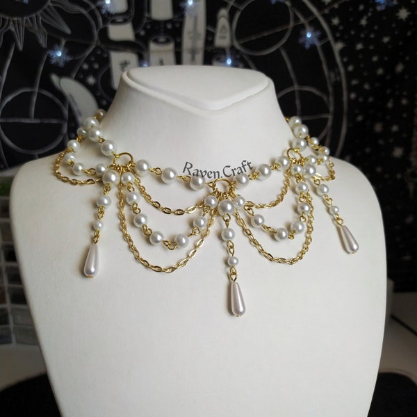 Gold Pearl Necklace, Fairycore Victorian Jewelry, Handmade Bridal Layered Choker.