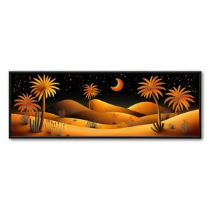 Desert Night Art Print – Stylized Dunes & Crescent Moon, Panoramic Wall Decor