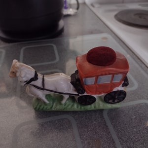 Vintage Japanese Ceramic Horse and Carriage Pincushion