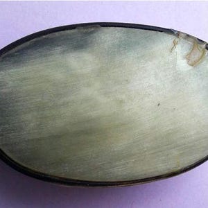 May include: A round, oval-shaped, light green, mother-of-pearl trinket box with a black rim.