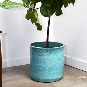 Optional Saucer Aqua Blue Pot for Plant 8 inch, 10 inch, 12 inch Glazed  Ceramic Cylinder Plant Pot Mid Century Modern Planter
