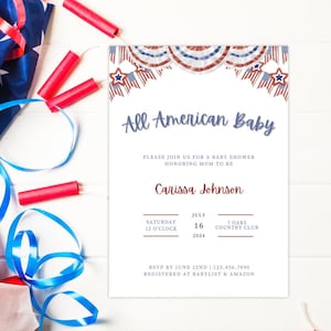 Fourth of July Patriotic Independence Day Baby Shower Digital Download Invitation red white and blue customizable American