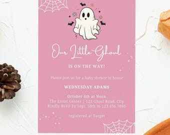 Vårt lilla spöke är på väg, babyshower med halloween-tema för flicka, sött spöke, digital nedladdningsinbjudan rosa höst