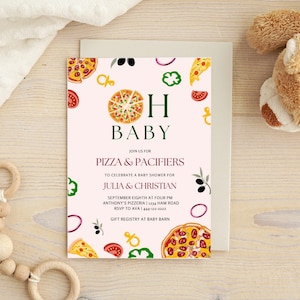Pizza and Pacifiers Baby Shower Invitation Pizza theme gender neutral