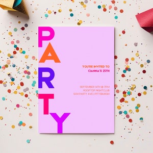 Pode incluir: Um convite para uma festa rosa com a palavra "PARTY" em letras grandes e coloridas. O convite &eacute; para o 25&ordm; anivers&aacute;rio de Cianna, que ser&aacute; realizado em 14 de setembro &agrave;s 19h no Rooftop Nightclub, 1234 Party Ave, Pittsburgh.
