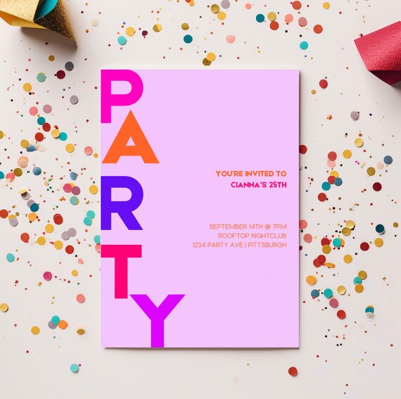 Birthday Party Any Age digital download invitation colorful minimalistic bright fun 30th, 21st, 16th purple pink orange