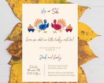 What will our little turkey be Thanksgiving theme baby gender reveal invitation blue and pink he or she fall autumn party invite digital