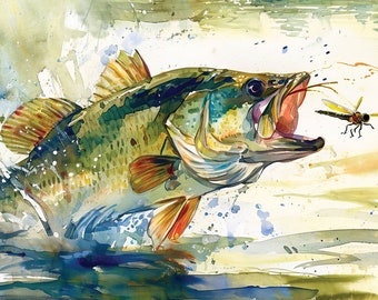 Largemouth Bass Print For Men, Angler Bass Fishing Art, Watercolor Painting Father's Day Gift, Camping Boating Cabin Lake House Wall Decor