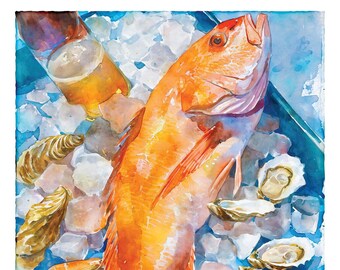 Seafood Art For Kitchen, Watercolor Gulf Coast Painting, Salt Water Fishing Print, Restaurant Beach Coastal Decor, Red Snapper Oyster Shrimp