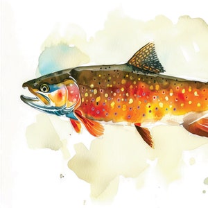 May include: Watercolor painting of a brown trout with orange and yellow spots. The fish is swimming to the right and has a dark brown back and a light orange belly. The background is a light yellow watercolor wash.