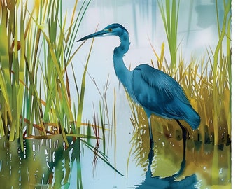 Little Blue Heron Art Print, Watercolor Painting, Coastal Decor Wall Art, Bird Lover Gift For Her, Marsh Crane, Lake House Fine Art Giclee