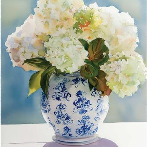 Watercolor print of delicate white hydrangea blossoms in a vintage-style grandmillennial vase, painted with a soft color palette.