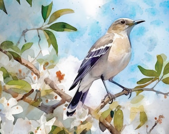 Watercolor Mockingbird Print, Mockingbird Art, Magnolia Tree Wildlife Painting, Home Decor Wall Hanging Gift, Birdwatching Birder Bird Lover