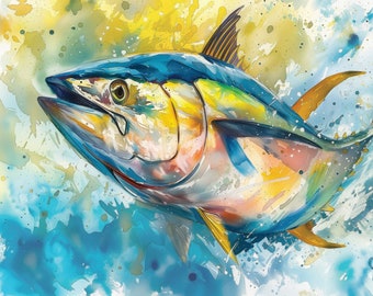 Yellowfin Tuna Art, Saltwater Offshore Fisherman Print, Angler Fine Art Watercolor Painting, Fathers Day Gift For Him, Coastal Beach Decor