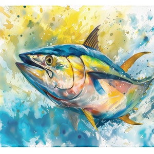 Yellowfin Tuna Art, Saltwater Offshore Fisherman Print, Angler Fine Art Watercolor Painting, Fathers Day Gift For Him, Coastal Beach Decor