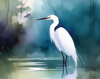 Egret Art Watercolor Print Great Egret Painting Giclee Bird Wall Hanging Fine Art Wildlife Decor Bird Lover Gift Egret Art Coastal Decor