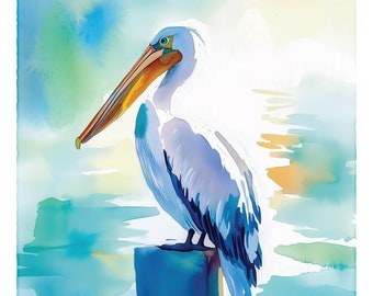 May include: A watercolor painting of a pelican standing on a blue wooden post in a turquoise and blue water setting. The pelican has a long orange beak and white and blue feathers.