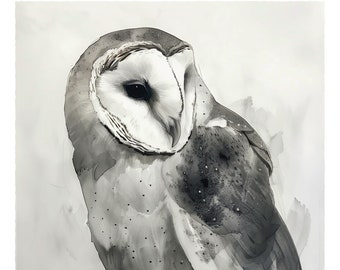 Owl Art, Barn Owl Print, Watercolor Ink Painting, Lodge Cabin Wall Art, Black And White Fine Art Decor Giclee, Bird Lover Gift, Minimalist