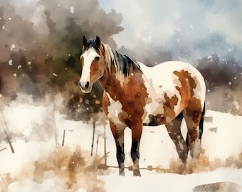 Pinto Horse Watercolor Print, Western Fine Art, Southwestern Painting, Western Decor, Paint Horse Art, Pinto Horse In A Snow, Equestrian Art