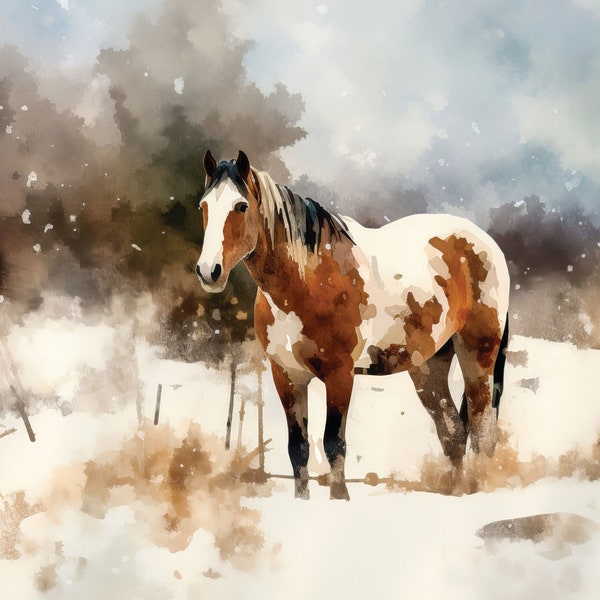 Impresión de acuarela de caballo pinto, bellas artes occidentales, pintura del suroeste, decoración occidental, arte de caballos pintados, caballo pinto en la nieve, arte ecuestre