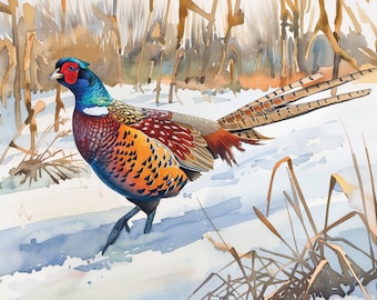 Pheasant Art, Pheasant Hunting Watercolor, Ring-Necked Pheasant Gift For Him, Cabin Lodge Wall Art Decor, Wildlife Print For Office Bedroom