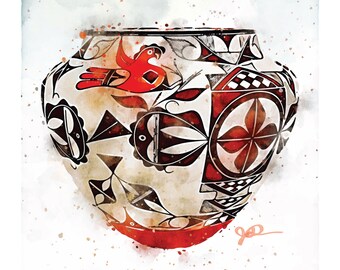 Pueblo Pottery Watercolor Print, Southwestern Painting, Acoma Wall Hanging, Native American Fine Art Western Decor, Gift Artwork, New Mexico