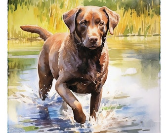 Peut inclure: Un chien Labrador Retriever brun chocolat courant dans une étendue d'eau peu profonde, créant des éclaboussures. Le chien regarde directement le spectateur. L'eau est d'un bleu clair avec un reflet du chien dans l'eau.