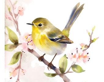 Warbler Art, Yellow Warbler Watercolor Print, Giclee Print Wall Hanging, Flowers And Wildlife Decor Bird Lover Gift For Her, Backyard Bird