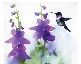 Hummingbird Print, Watercolor Black Chinned Hummingbird Painting, Birder Art, Wildlife Decor, Bird Watcher Gift, Garden Flowers Nature Art