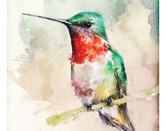 Hummingbird Watercolor Art, Ruby Throated Hummingbird Painting, Bird Wall Art, Fine Art Giclee, Wildlife Decor, Bird Print Gift For Her