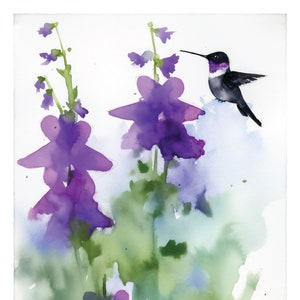 Hummingbird Print, Watercolor Black Chinned Hummingbird Painting, Birder Art, Wildlife Decor, Bird Watcher Gift, Garden Flowers Nature Art