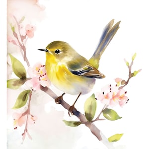 Warbler Art, Yellow Warbler Watercolor Print, Giclee Print Wall Hanging, Flowers And Wildlife Decor Bird Lover Gift For Her, Backyard Bird