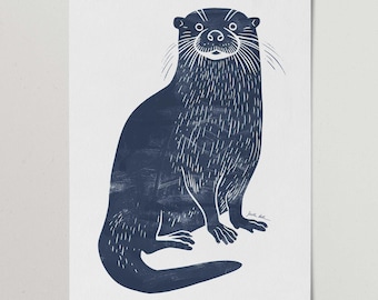 Otter Print, Minimalist Woodland Animal Art, Modern Linocut Woodcut Style, Navy Blue Wall Art, Scandinavian Folk Art, Coastal Cabin Decor